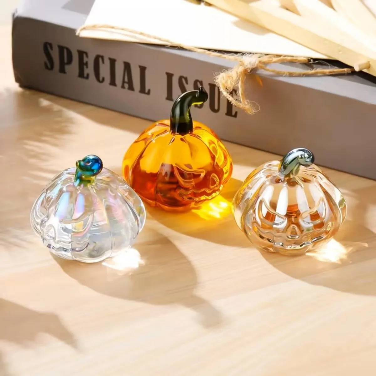 Mini Glass Pumpkin Figurine Set - Orange/Rainbow/Champagne, Halloween Thanksgiving Fall Decor, Table Centerpiece Gift