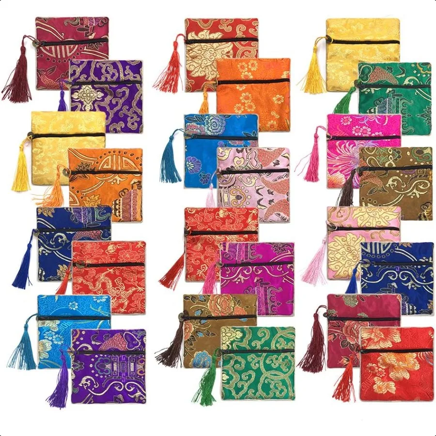 

24pc Chinese Silk Brocade Coin Purse Embroider Jewelry Bag Zipper Wallet Pouch