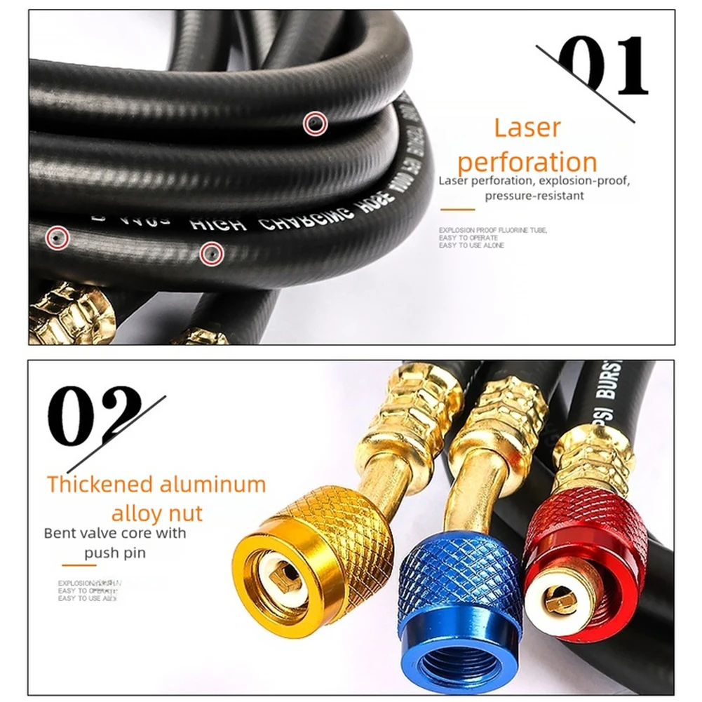 3pcs 51 Inch /Dual /Coolant /Tube 1/4 Inch For R134 R22 Automotive Air Conditioning Recharge Kit High Pressure Hose Line