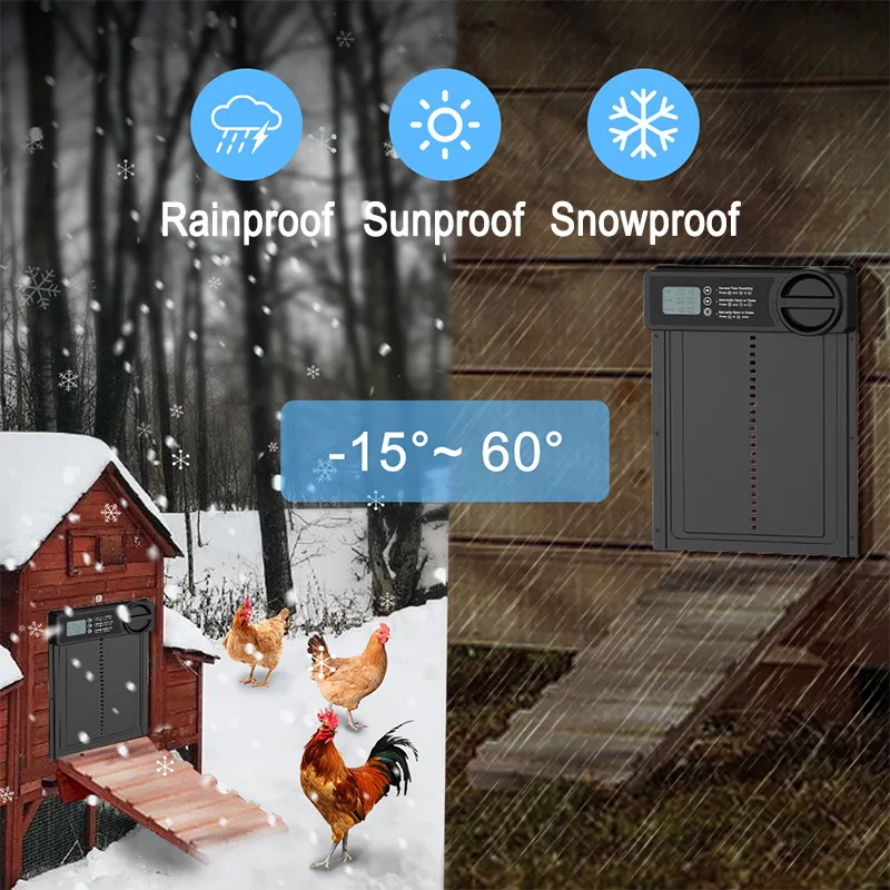 Interruptor automático de temporizador para porta de galinheiro, porta de elevação à prova d'água para casa de aves, à prova de predador, anti-pitada, display lcd transparente
