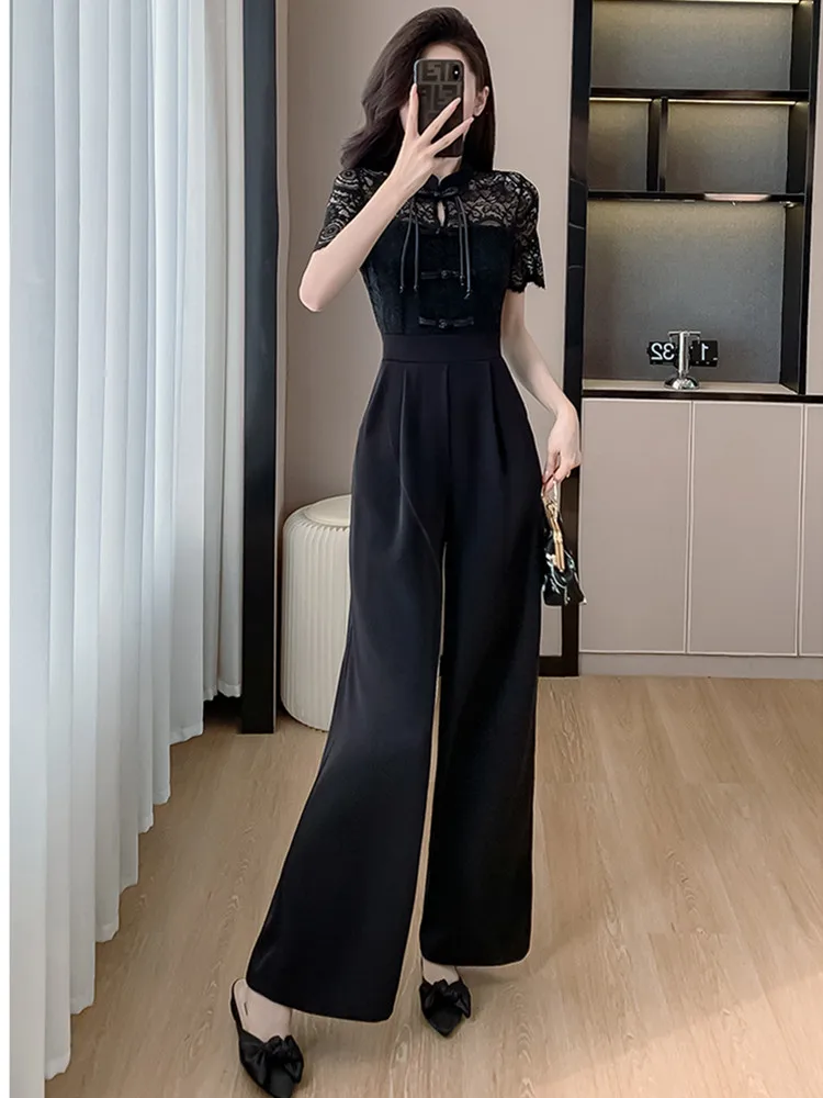 SMTHMA New Chinese Black Lace Patchwork Jumpsuit 2024 New Elegant Temperament Wide Leg Jumpsuit For Women\'s Summer Clothing