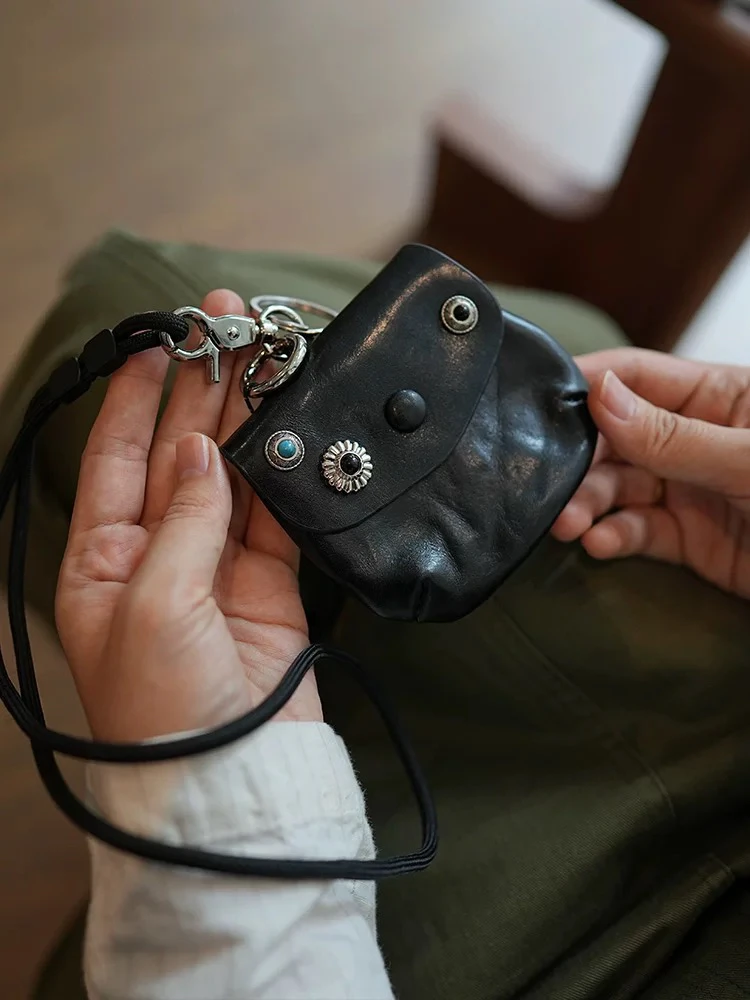 

Portable Ne-Strap Genuine Leather Coin Purse Key Earphone Card Storage Bag Vintage Tanned Cowhide Cact Briti Sle
