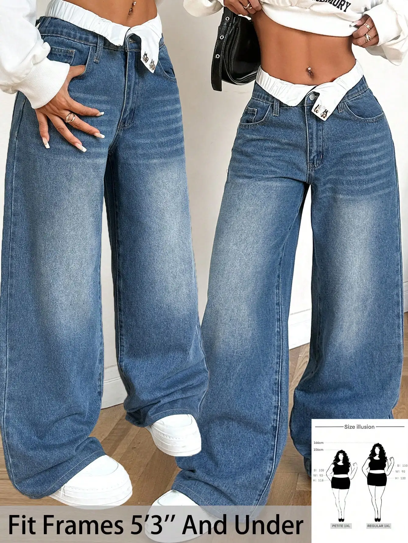 

Женские джинсы Petite Curve Plus Size в стиле ретро, синие, с широкими штанинами, с воротником, на эластичной талии, для повседневной летней носки