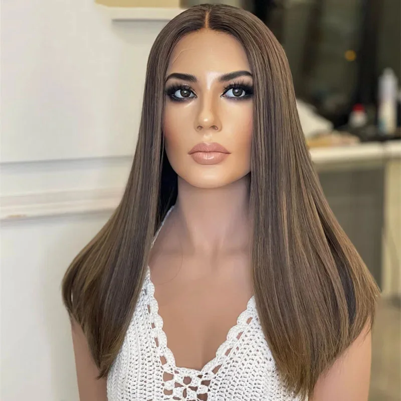 Glueless Highlight Brown Free Part Straight 20” 5x5 Silk Base Jewish Human Hair Wig Baby Hair HD Lace European Hair Preplucked