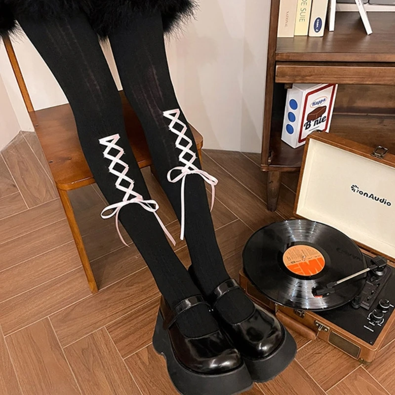 Women's Ballet Ribbon Bow Bandage Tights Pantyhose Stockings Lolitas High Waist Pantyhose Stockings Hosiery