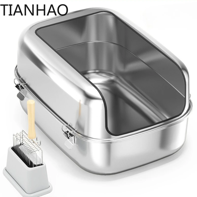 Stainless Steel Cat Litter Box Extra Large Semi-enclosed Cat Toilet Suitable for Large Cats High Sided, Anti-Urine Leakage