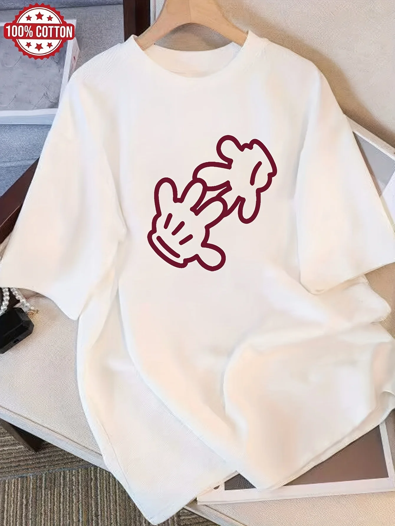 Women Tee Cartoon Hand Gesture Outline Simple Cute Graphic Print Round Neck Short Sleeve Soft Ladies Casual Cotton Shirt