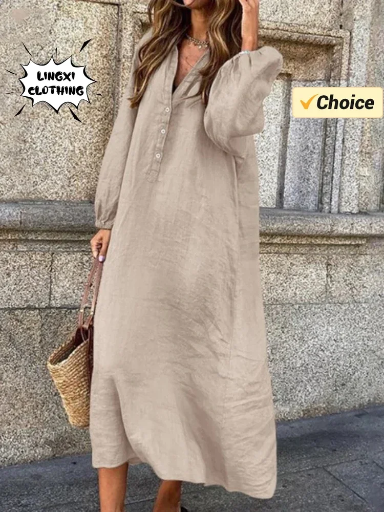 2024 Summer Fashion Cotton and Hemp Long Casual Solid Color Dress V-neck Elegant Half Open Front Women\'s Long Sleeved Robe