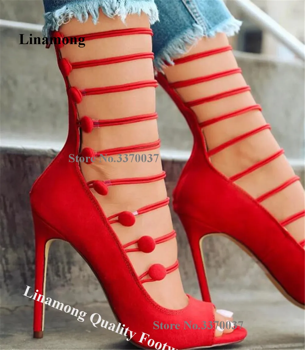 

Linamong Women Open Toe Suede Strappy Buttons Gladiator Sandals Cut-out Back Zipper-up High Heel Sandals Dress Shoes