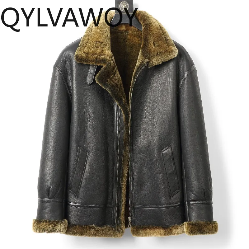 

QYLVAWOY Natural Fur Coat Men Luxury Winter 2026 Warm Thick Genuine Sheepskin Leather Fur Jacket Man Black Real Wool Fur Coats