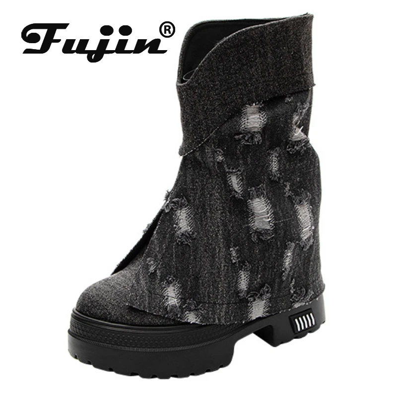 Fujin 9.5cm Denim Ankle Boots Platform Wedge Chunky Heel Women Casual Spring Autumn Modern Fashion Mixed Color Mid Rise Shoes