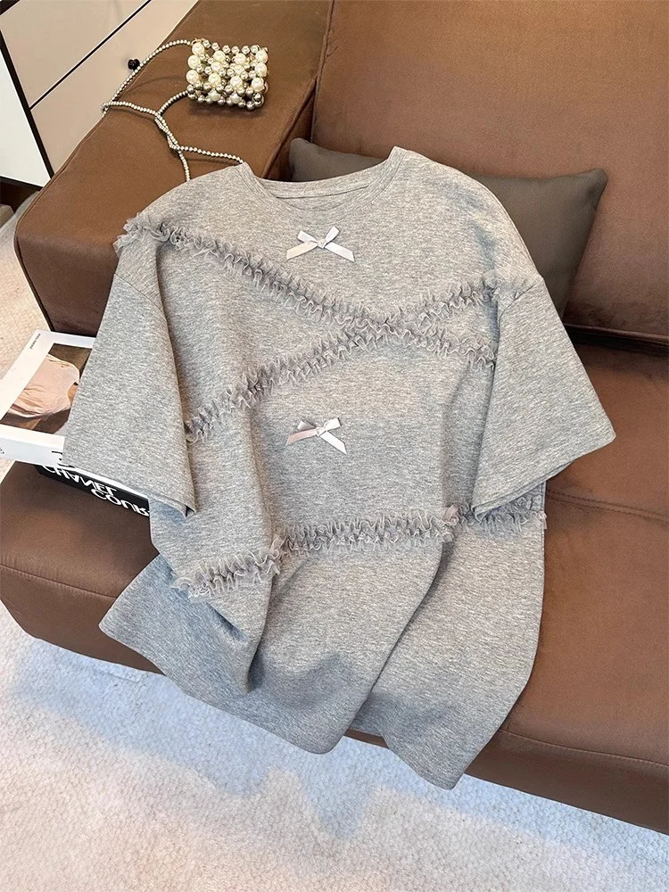 Heavy Stickerei Lace Knot ort Sve T-Shirt ex Sommer Vintage Casual Vielseitiges Oulder Level Top