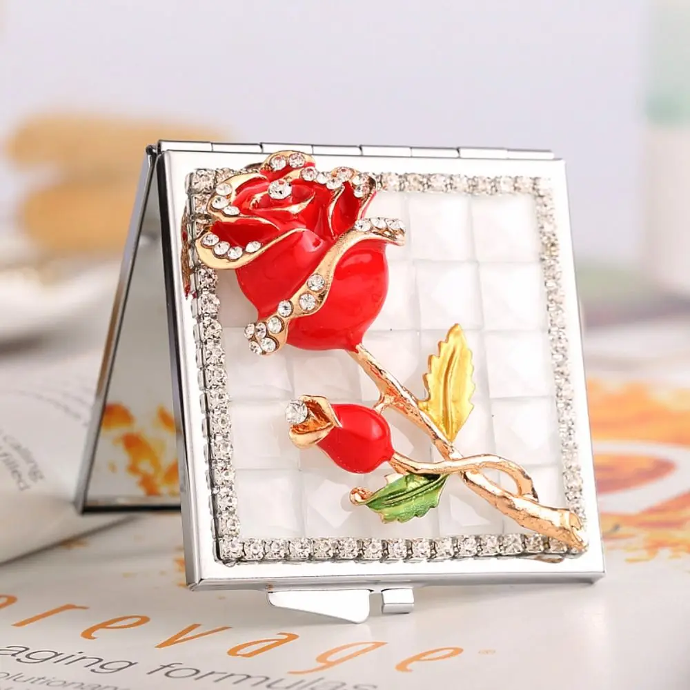 

Creative Metal Square Mirror Rhinestone Decor Bowknot Exquisite Mirror Double-sided Rose Pocket Mirror Students