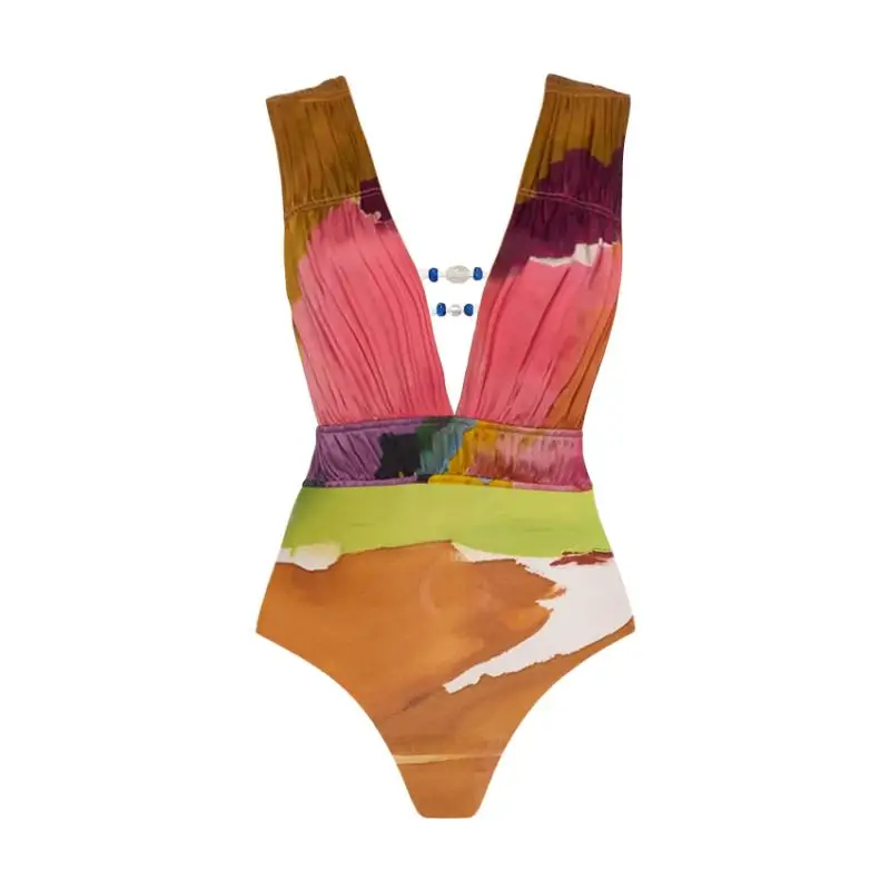 

Flaxmaker 2026 Summer Sexy V Neck Party Swimwear Spring Abstract Contrasting Color Print Swimsuit Set(s) Swimsuit Beachwear