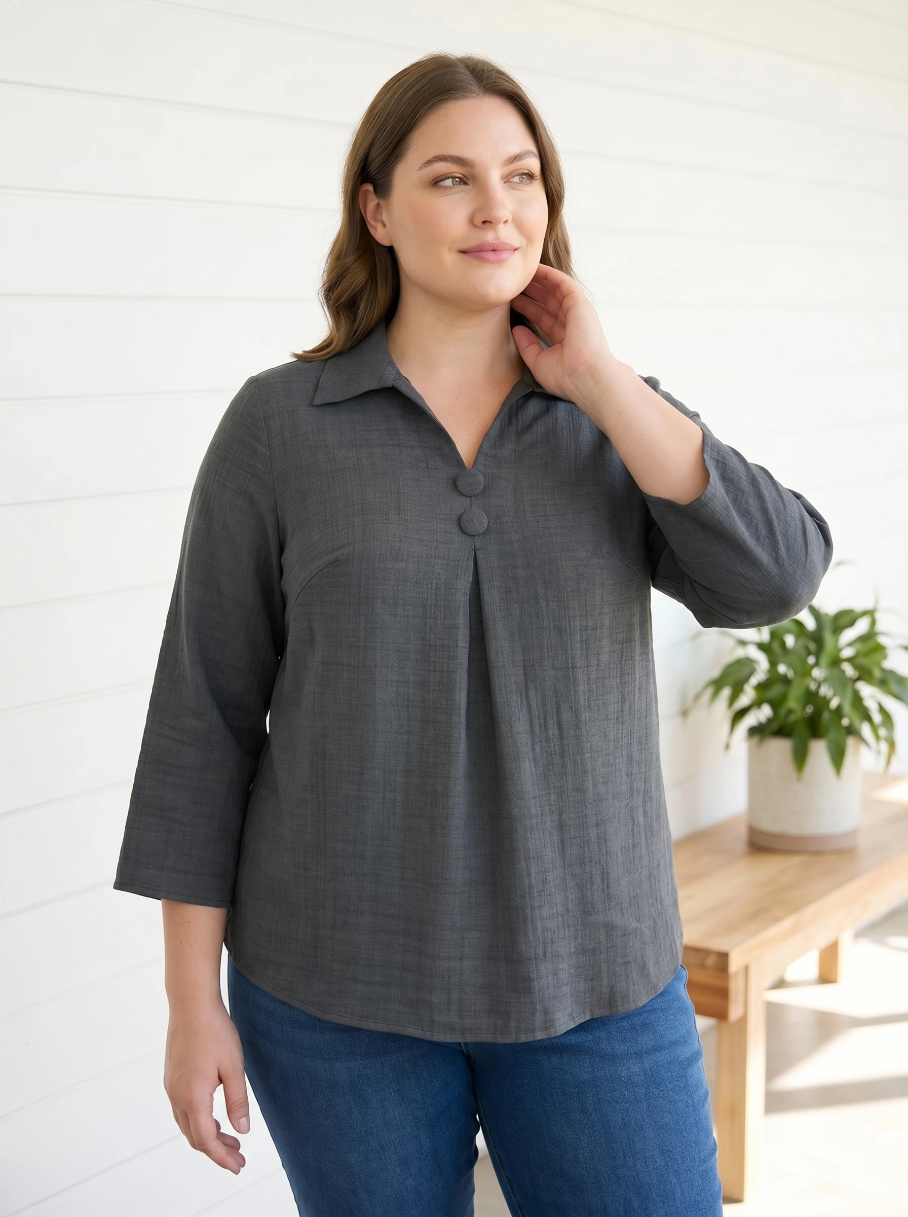 Rosa Fera Plus Size Women Loose Fit Blouse Turn Down Collar 3/4 Sleeve Casual Top Button Front Shirt image 2