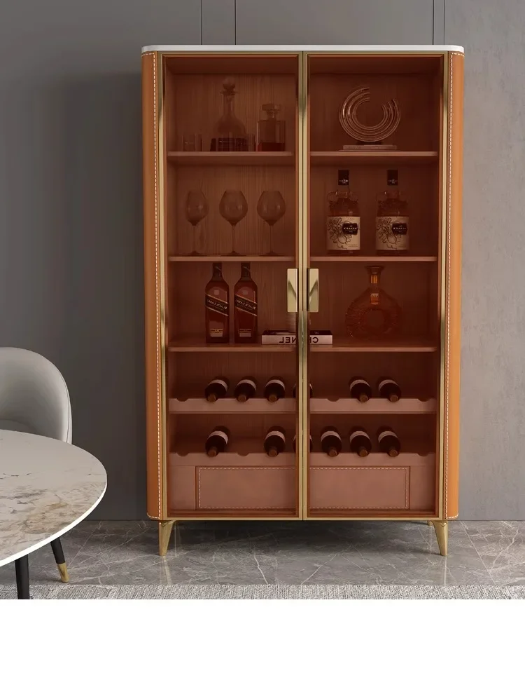 

Light Luxury High-Grade Glass Door Wine Cabinet Living Room Home Wall Saddle Leather Display Sideboard Cabinet