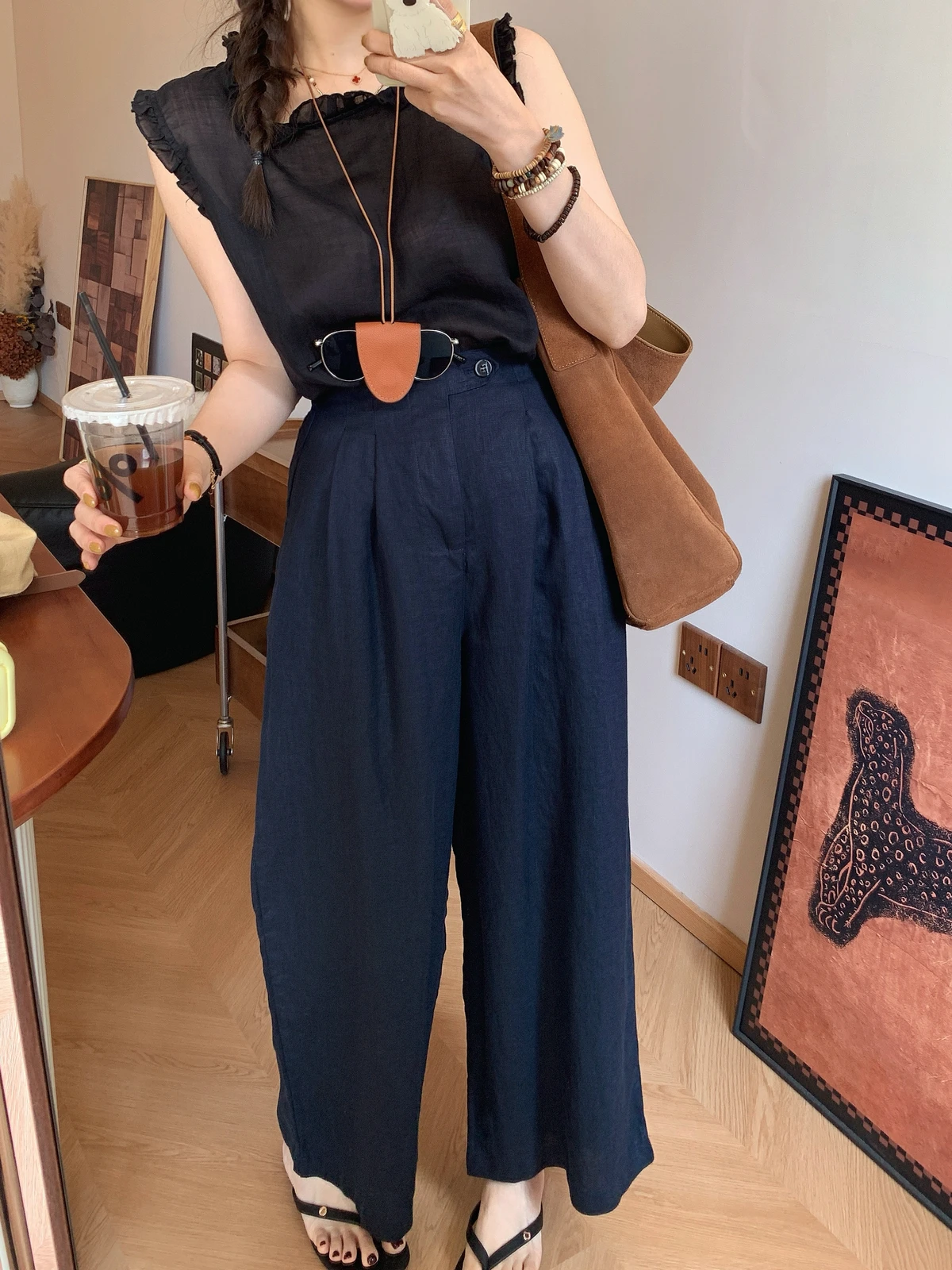 

Женские льняные брюки с высокой талией и широкими штанинами, прямого кроя, с защитой от солнца, весна-лето, новинка, корейский простой стиль