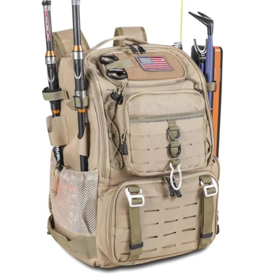 

39L Fishing Tackle Backpack with Rod Holders Cooler Water-resistant Fishing Gear Storage Bag with Protective Rain Cover in Khak