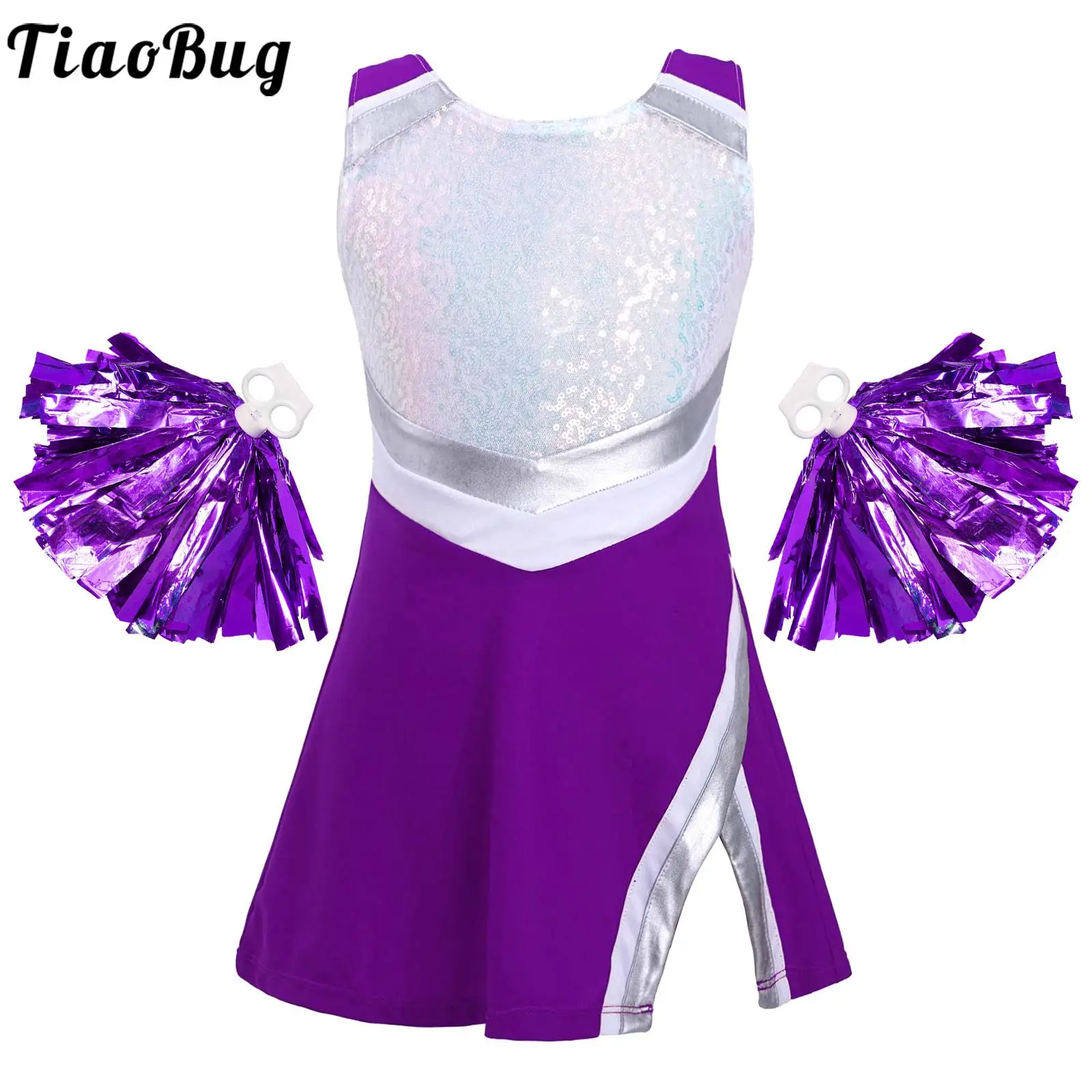 

Girls Cheer Leader Cheerleading Costume Schoolgirl Uniform Carnival Party Halloween Costume Dress with Pompoms Dancewear Outfits