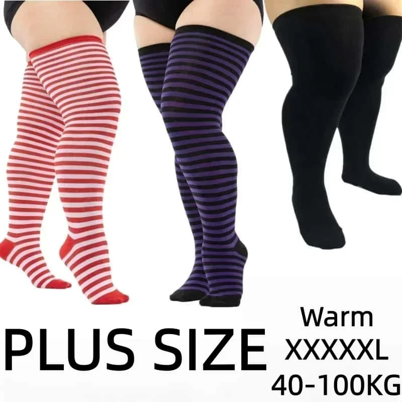 

Plus Size Elastic Black White red Striped Christmas Long Socks Over Knee Thigh High Stockings Autumn Winter Leg Warmers Women XL