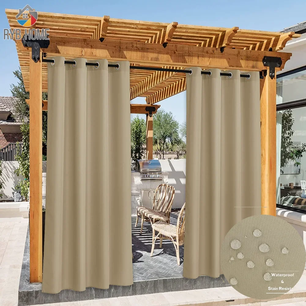 RYB HOME 2Pcs Outdoor Blackout Curtains Windproof Waterproof Curtains Drape Light Blocking Stainless Steel Grommets Rust-Proof