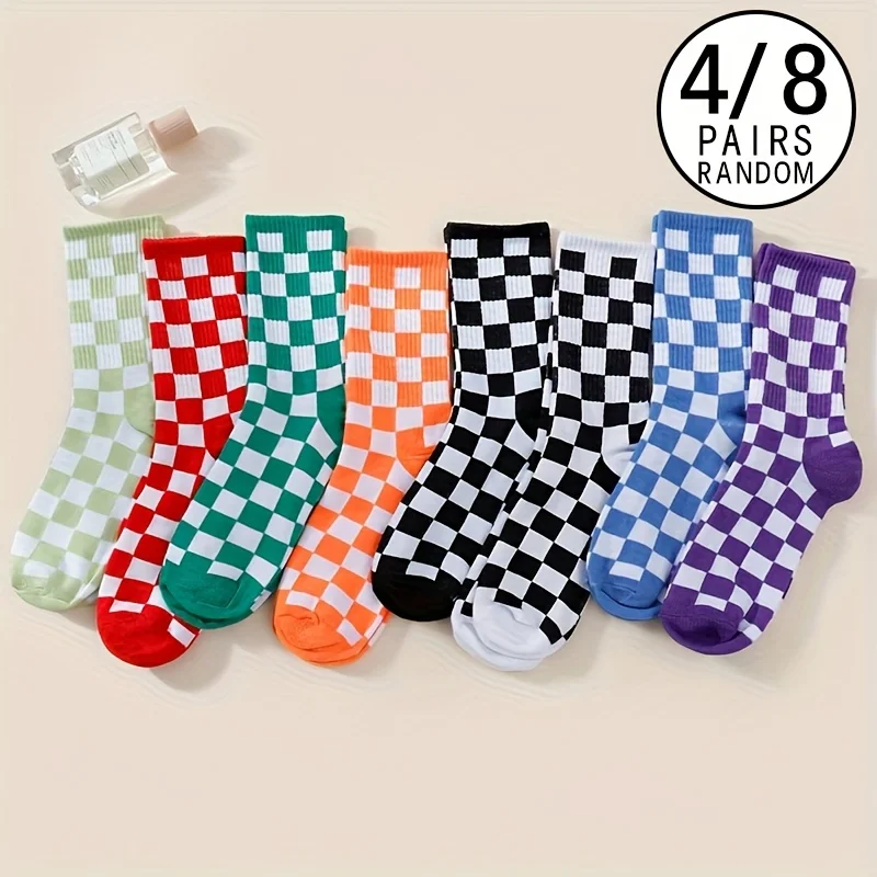 4/8 Paar vier Jahreszeiten, Unisex, modisch und cool, zweifarbig, kariert, vielseitig, bequem, Schachbrettmuster, lässig, lange Socken