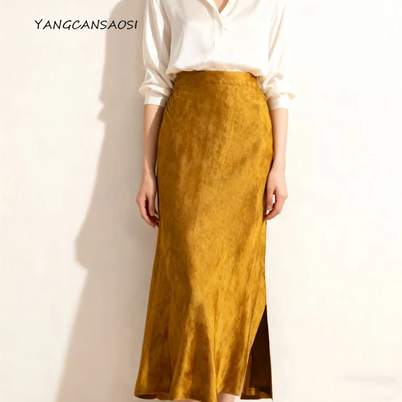 

Women's Fashion Clothing 100%Natural Mulberry Silk Gambiered Guangdong Gauze Golden Turtle Satin Temperament Straight Tube Skirt