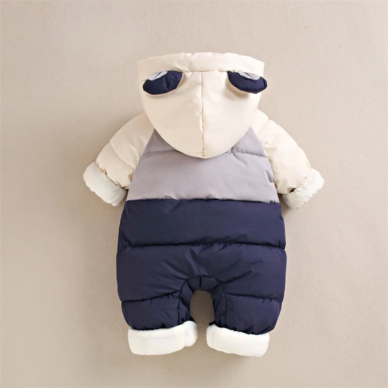 Winter New Baby Rompers Boys Girls Patchwork Thick Plus Velvet Jumpsuits Windproof Hooded Overalls Snowsuit One Piece Bodysuit