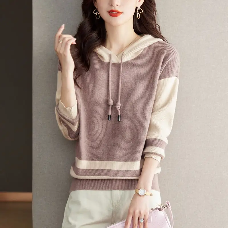 Hooded Contrasting Colors Sweater Women Autumn Winter Simplicity Loose Knitwear Office Lady All-match Fashion Knitting Tops