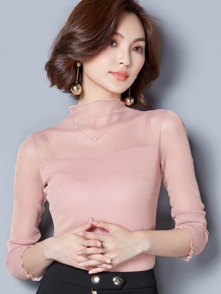 Zjaiss 2026 Spring Summer New Women's Ruffle High Neck T-Shirt Metallic Thread Lace Mesh Long Sleeve Sheer Base Top