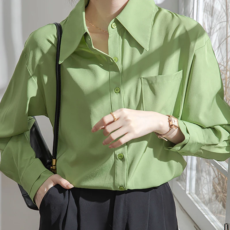 EVNISI Women Casual Solid Color Long Sleeved Shirt Polo Collar Elegant Loose Office Fairy Blouse Chic Women Tops Spring Fall