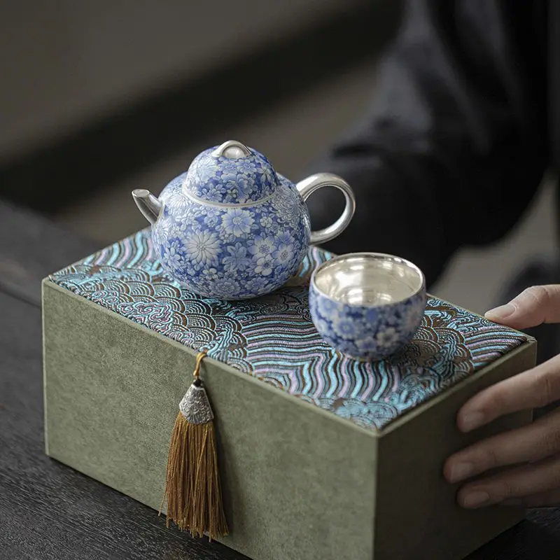 999 Sterling Silver Gilded Blue and White Tea Set Complete Set Japanese Tea Ceremony Set Teapot and Tea Cup  Cha Ornaments