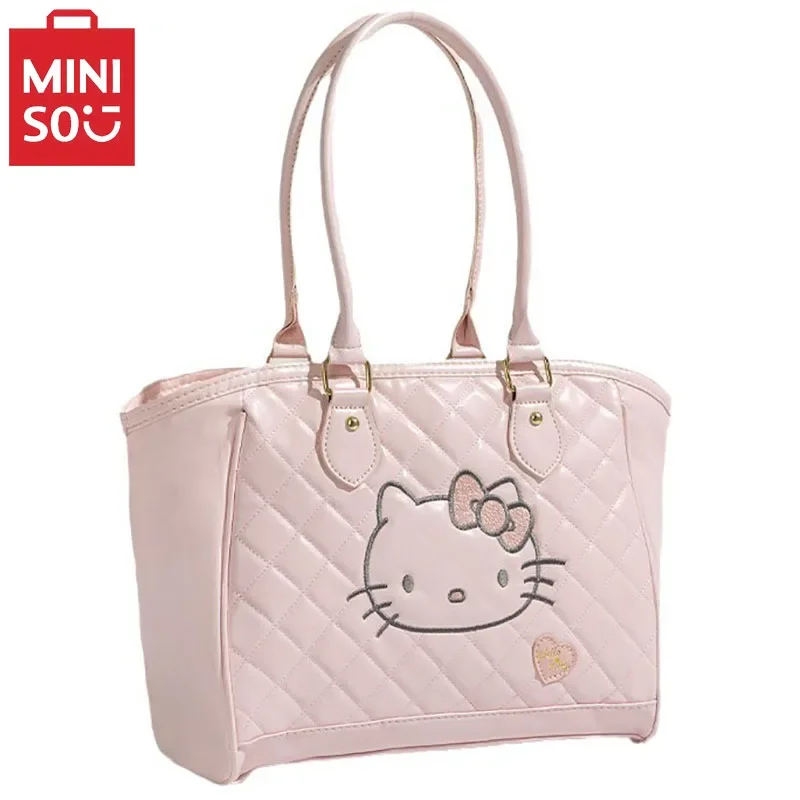 MINISO HelloKitty Pink Tote Bag Cute Cartoon PU Handbag Fashion Large Capacity Women's Shoulder Bag