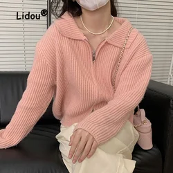 Autumn Fashion New Solid Color Zipper Knitting Shirt Women Classic Long Sleeve Coat Square Collar Loose Korean Lady Sweater 2022