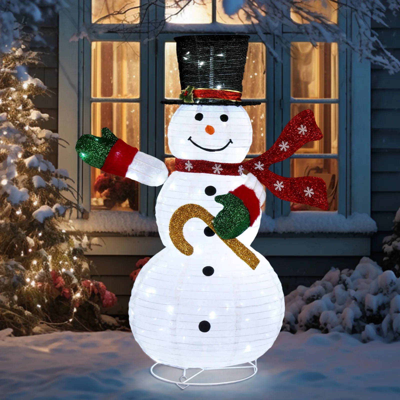 Boneco de neve pop-up iluminado de 4 pés, grande decoração de férias de Natal com 100 luzes LED, chapéu superior, cachecol para decoração de Natal de quintal de gramado ao ar livre