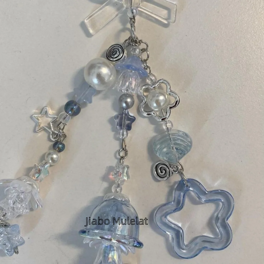 Y2k handmade white bow dot light blue jellyfish keychain