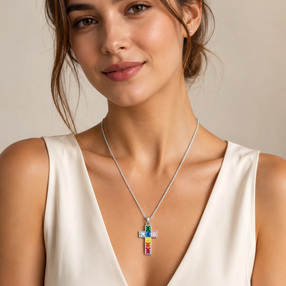 Anhänger Kreuz mit bunten Steinen Marke feiner 925er Sterlingsilber-Schmuck Europa-Accessoires klassisches Geschenk für Frauen – Detail 2