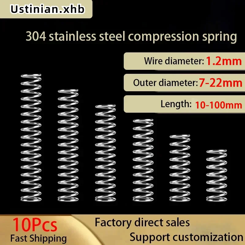 304 Stainless Steel Spiral Return Compression Spring, Wire Diameter: 1.2mm, Outer Diameter: 7-22mm, Length: 10-100mm, 10Pcs