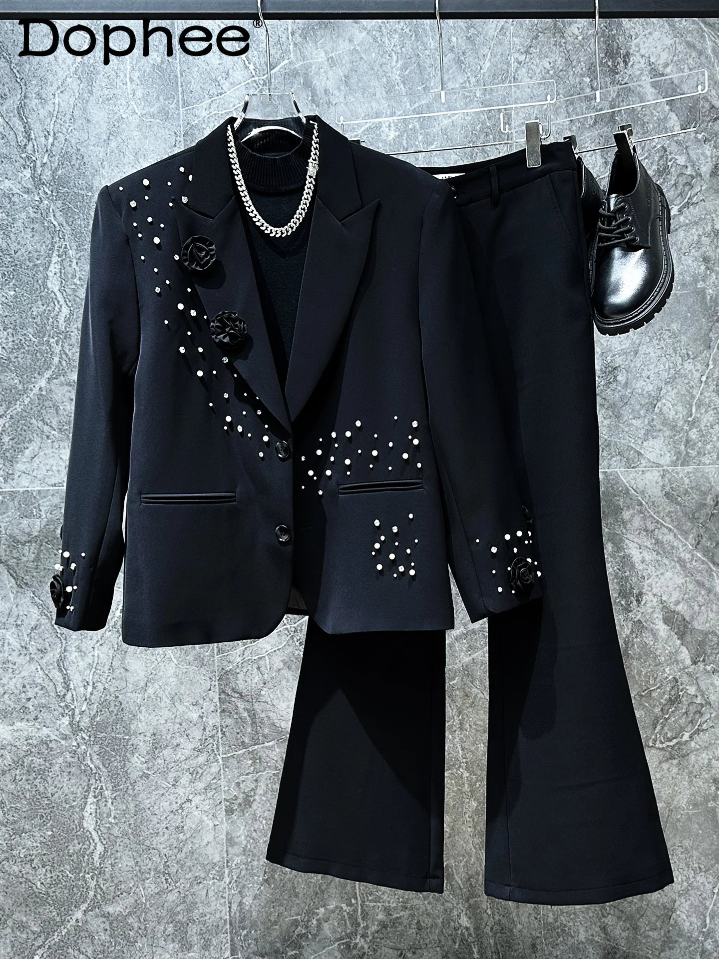 

Korean Version Ins High-end Heavy-duty Flower Beaded Suit Set Design Sense Fashion Trendy Youth Popular Loose Casual Suit