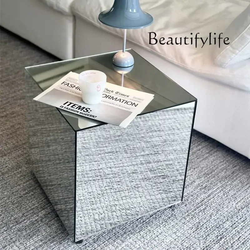 

Mirror tempered glass edge few simple light luxury bedside table square corner few small apartment living room home