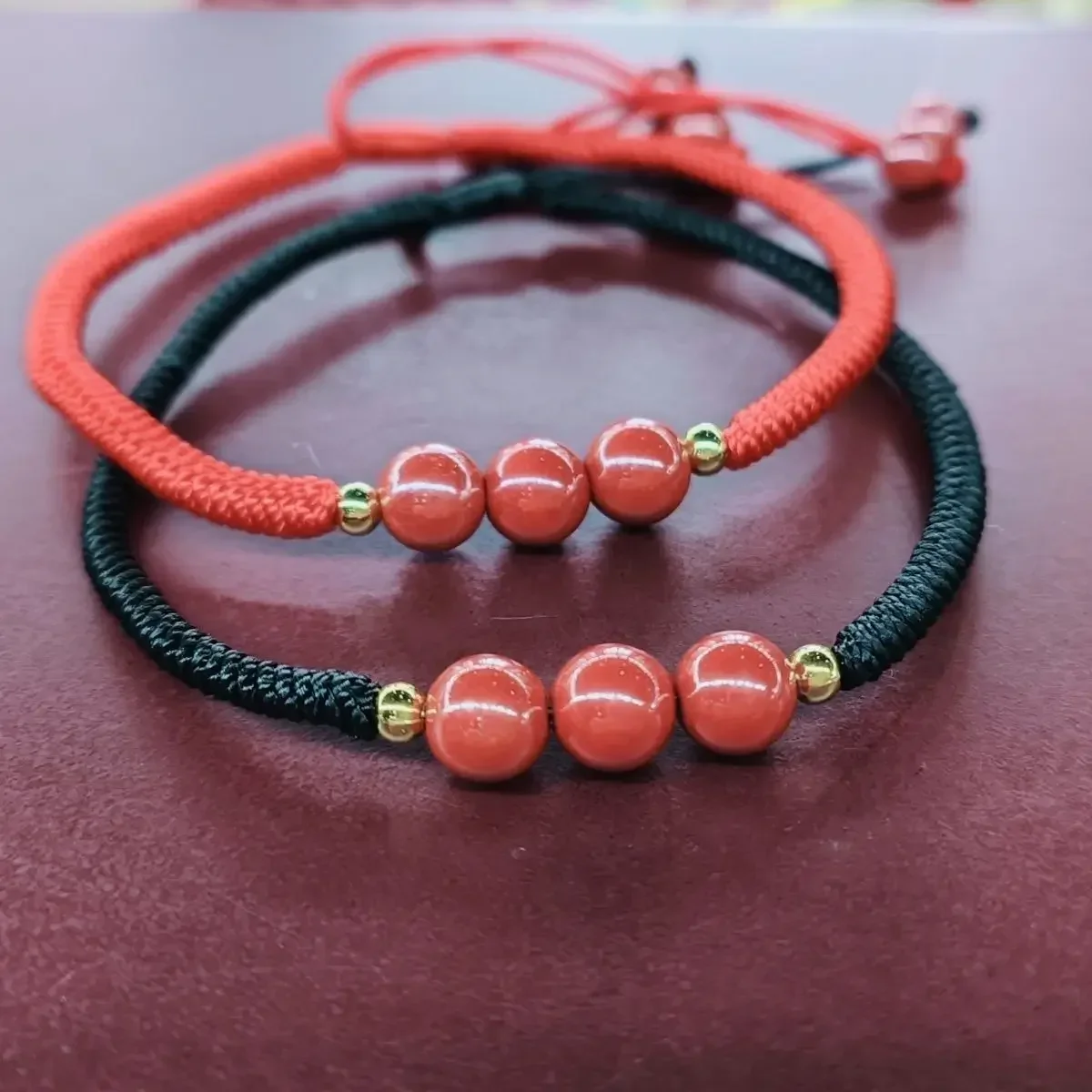 

Pure Hand-woven Four-line Double-layer Nine-turn Diamond Knot With Emperor Sand Round Beads Cinnabar Hand Rope Lovers Jewelry