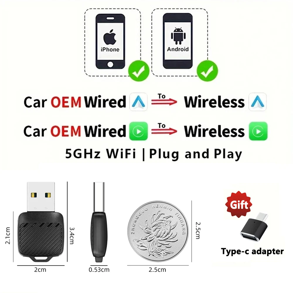Android Auto & Car-Play Adattatore Wireless, Plug & Play 5Ghz Wifi Android Auto & Car-Play Adattatore Wireless, Plug & Play 5Ghz Wifi
