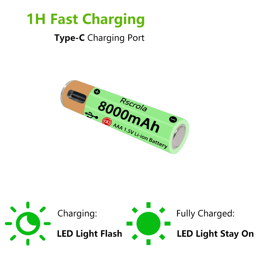 Large Capacity AAA Li-ion Battery Type-C Port Long-Lasting AAA Rechargeable Battery 1H Fast Charge Over 1200 Cycle Battery Life