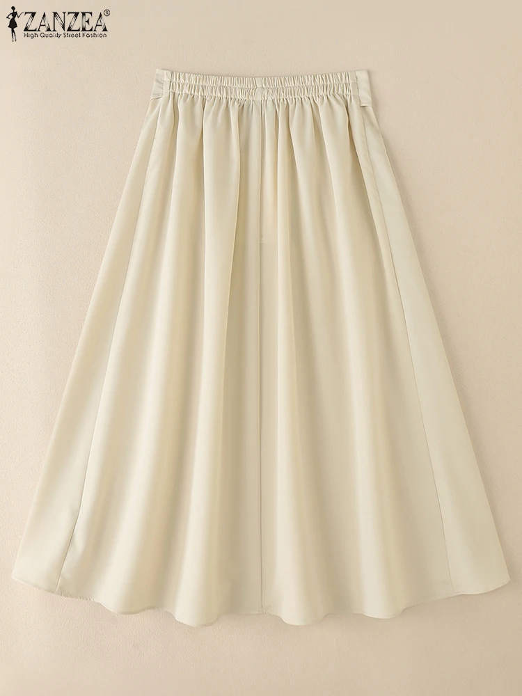 ZANZEA Elastic High Waist Woman Maxi Jupes Femme Solid Color Office Lady Commuting Fashion Faldas Elegant A-line Swing Skirts