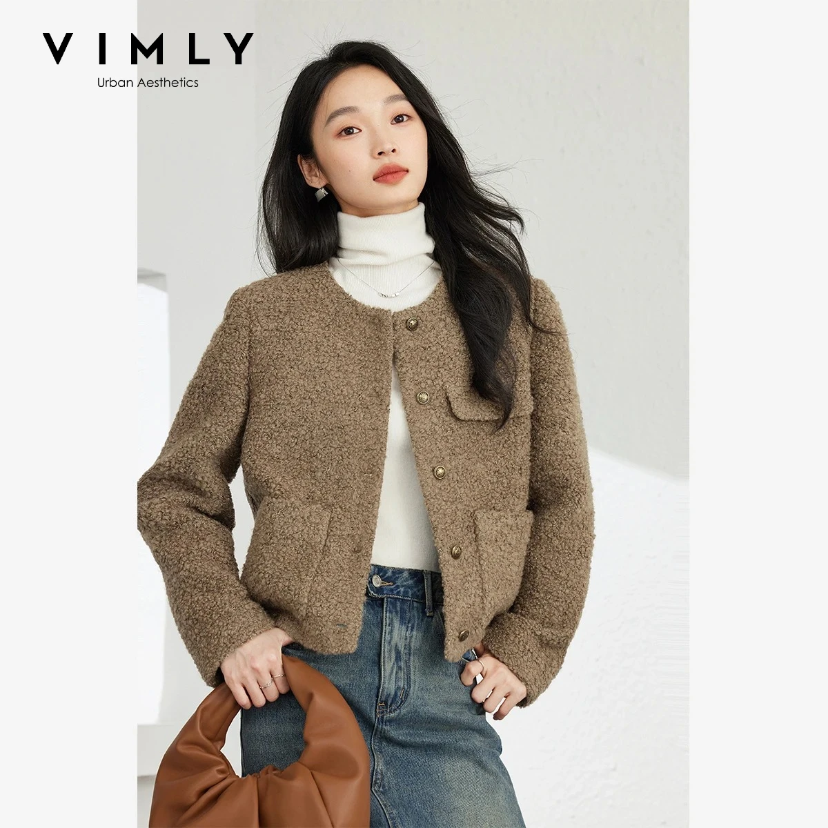

Vimly Women's Wool Blend Tweed Coat 2025 Winter Crew Neck Asymmetric Pocket Design Thick Warmth Jacket Office Outwear A0579