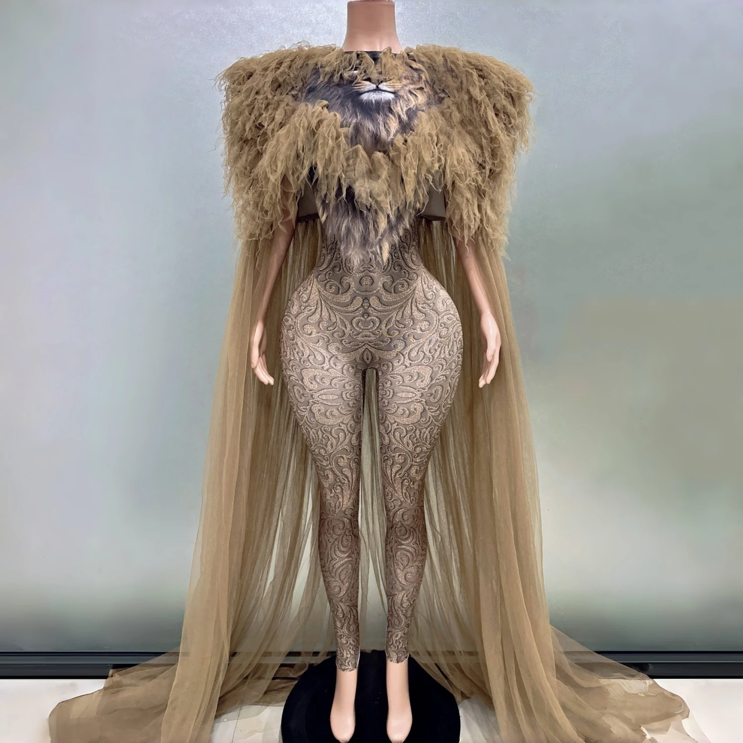 New Hot Sale Lion Pattern Jumpsuit Cloak Women Singer Sexy Stage Outfit Bar DS Dance Cosplay Bodysuit Costume Model Show Clothes