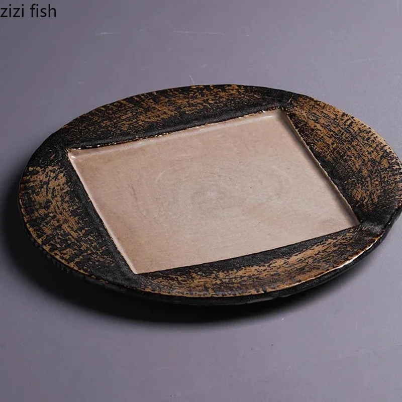 

Матовая керамическая тарелка в стиле ретро, тарелка для суши, десертная тарелка для закусок, тарелка для макарон, внешняя круглая внутренняя квадратная посуда для молекулярной кухни