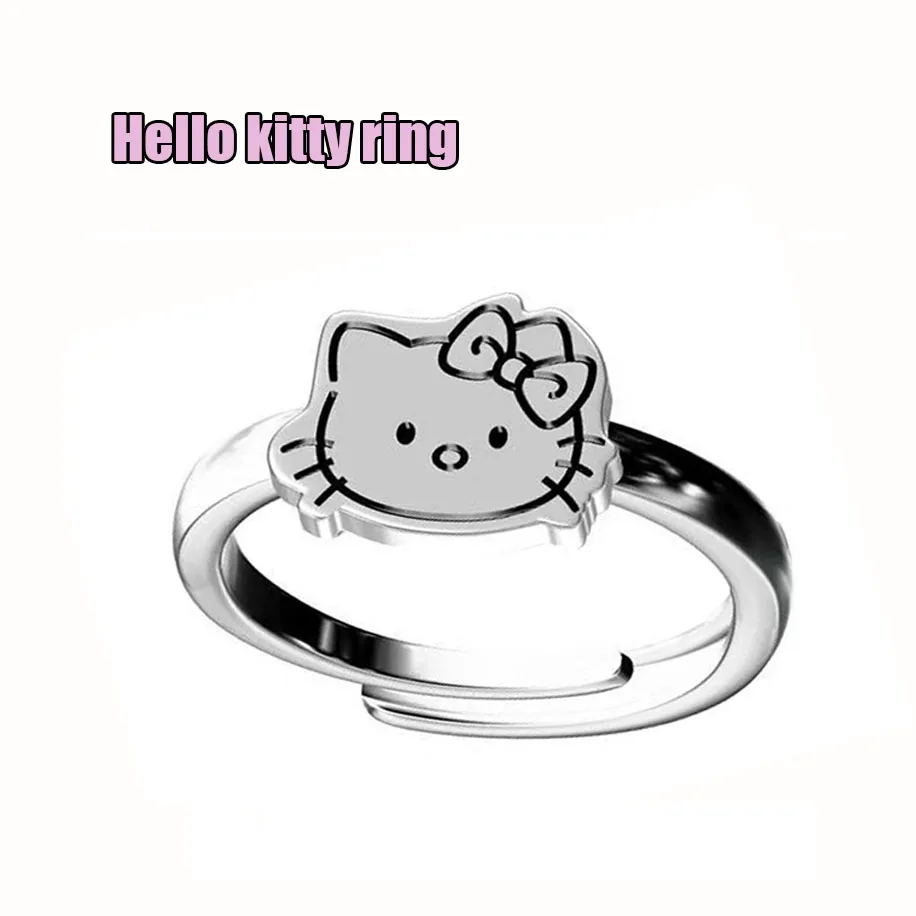 Sanrio Kawaii Hello Kitty Ring Cartoon Adjustable Rings Anime Hello Kitty Jewelry Silvery Ring Versatile for Girl Birthday Gifts