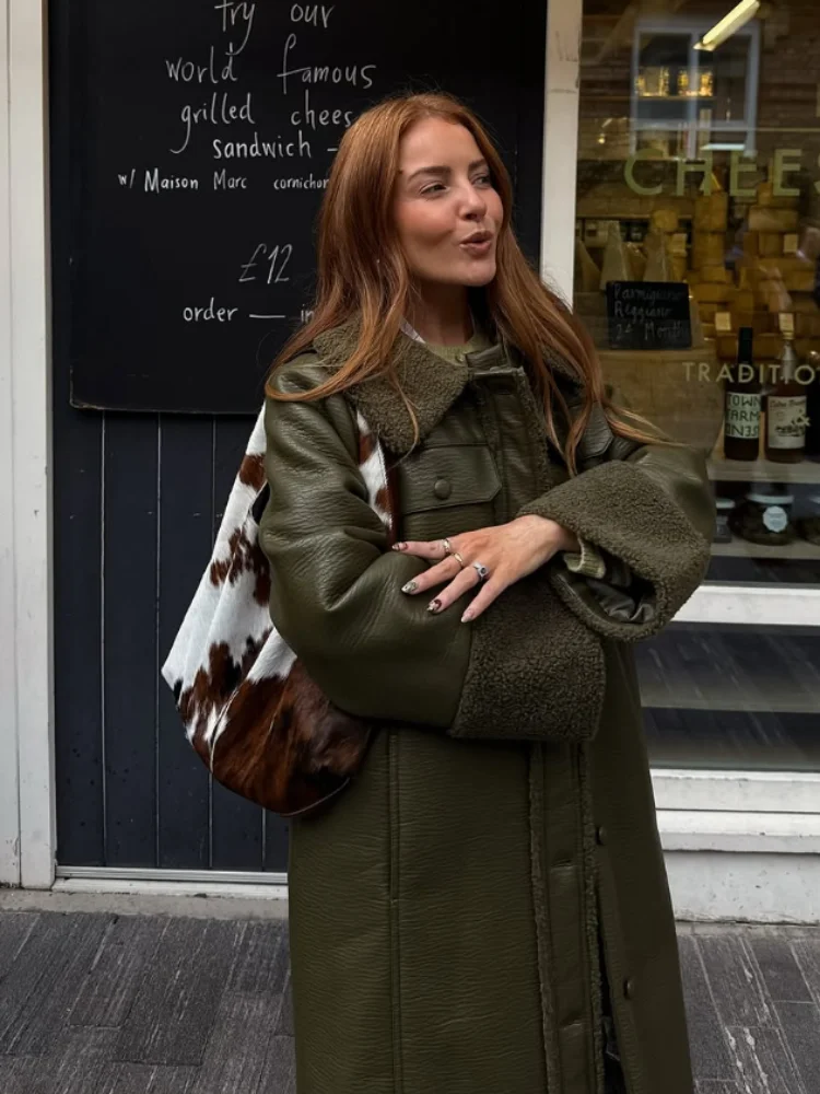 معطف جلد كاجوال من الفرو الأخضر مُزين بقطع القماش معطف نسائي أنيق ذو صدر واحد فضفاض ودافئ معطف طويل للسيدات ملابس خارجية للشارع