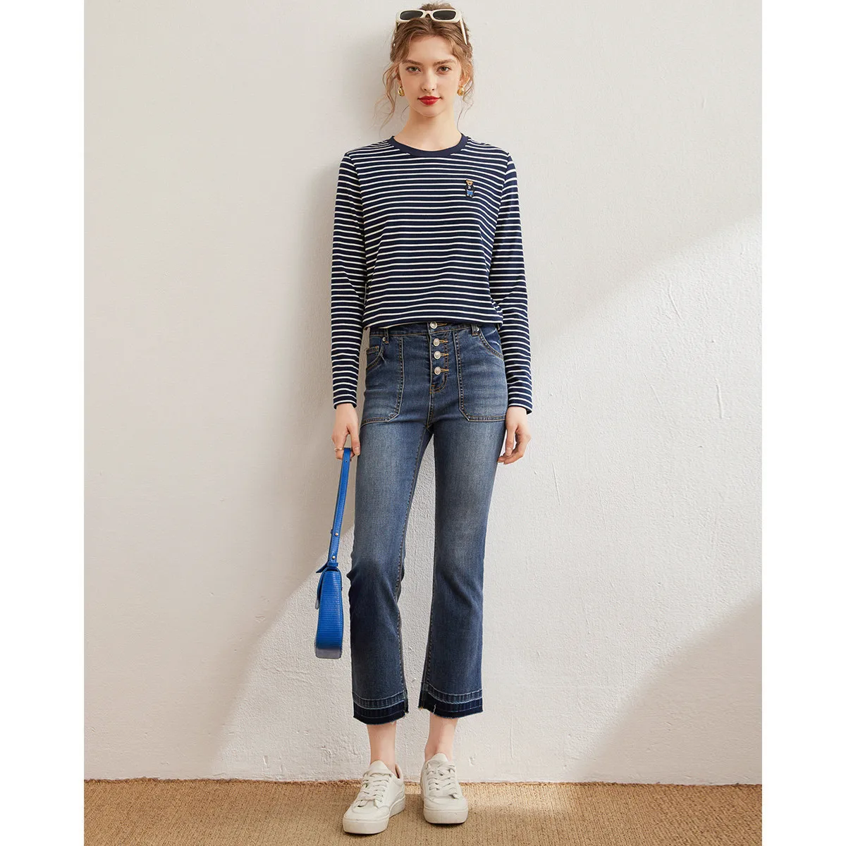 LOUISYAO Striped Long Sleeve T-Shirt Women 2026 Spring Summer Round Neck Bear Embroidery Stretchy Casual Ladies Tshirt